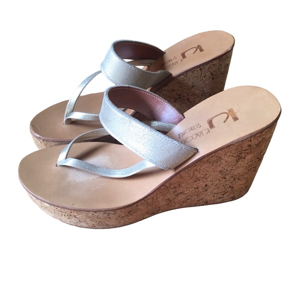 K Jacques St. Tropez Dorit Sandals Wedge Heel in a Neutral Metallic champagne - Picture 9 of 16